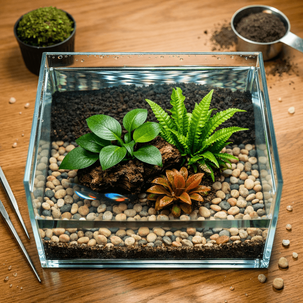 Overhead view of a low-tech aquarium vignette featuring aquarium plants for fish tank on a warm oak tabletop.