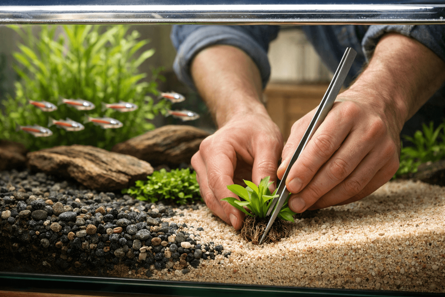 Adult hands plant aquarium plants for fish tank in layered substrate, surrounded by vibrant greens and swimming tetras.