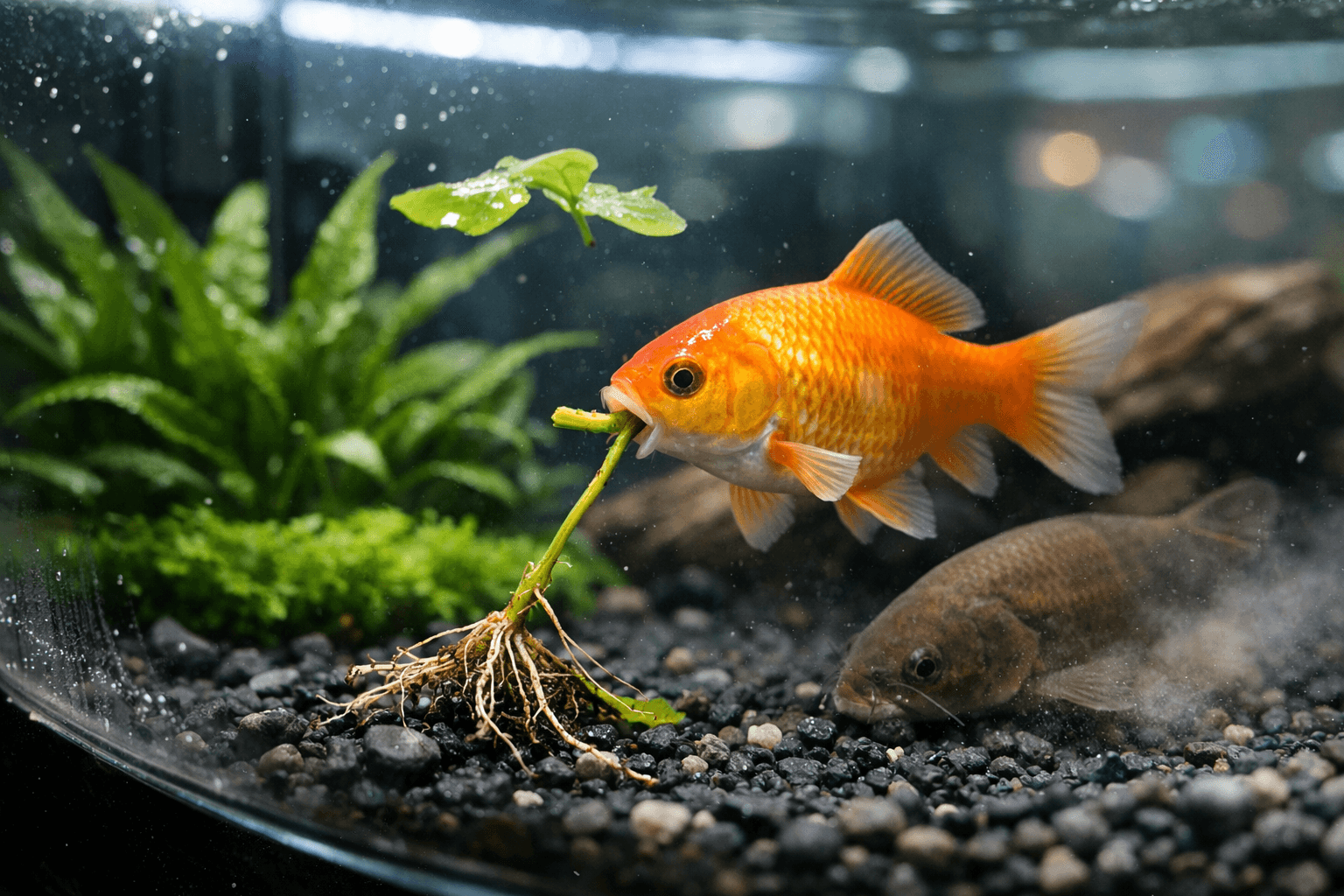 Brightly lit aquarium with struggling plants, a goldfish nibbling, and a brown fish foraging among gravel—cautionary scene.