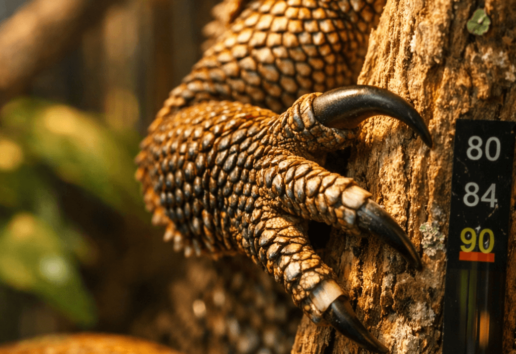 Extreme macro shot of a frill dragon's claw and scales, showcasing detailed textures against a blurred natural habitat.