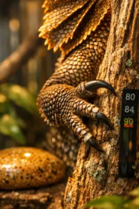 Extreme macro shot of a frill dragon's claw and scales, showcasing detailed textures against a blurred natural habitat.