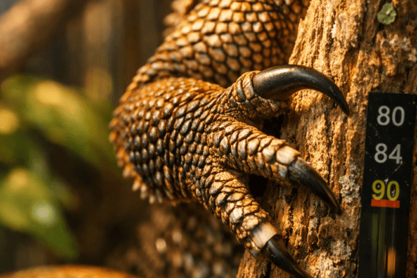 Extreme macro shot of a frill dragon's claw and scales, showcasing detailed textures against a blurred natural habitat.