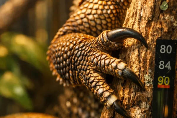 Extreme macro shot of a frill dragon's claw and scales, showcasing detailed textures against a blurred natural habitat.