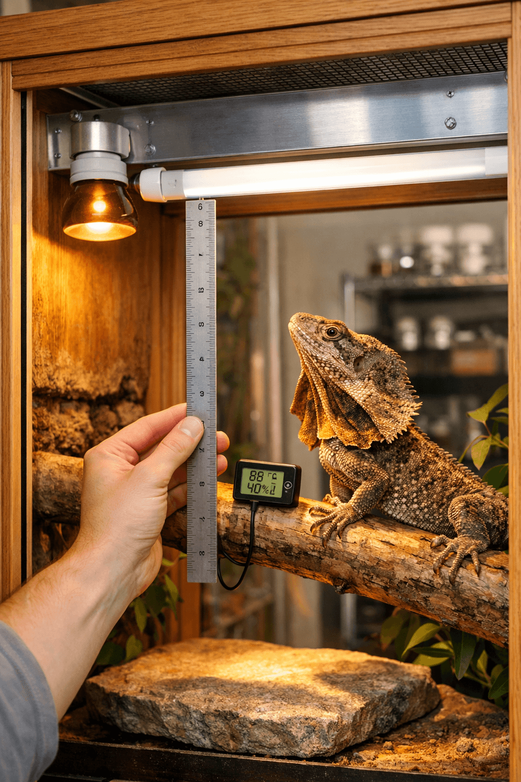 A hand measures a basking setup for frill dragons in a bright reptile room with custom enclosures and warm lighting.