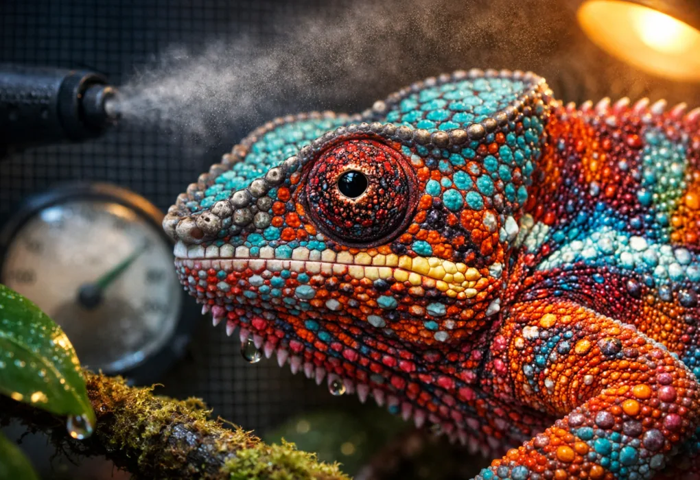 Extreme macro shot of a panther chameleon’s vibrant turquoise and magenta scales, glistening with condensation.