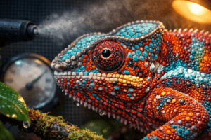 Extreme macro shot of a panther chameleon’s vibrant turquoise and magenta scales, glistening with condensation.