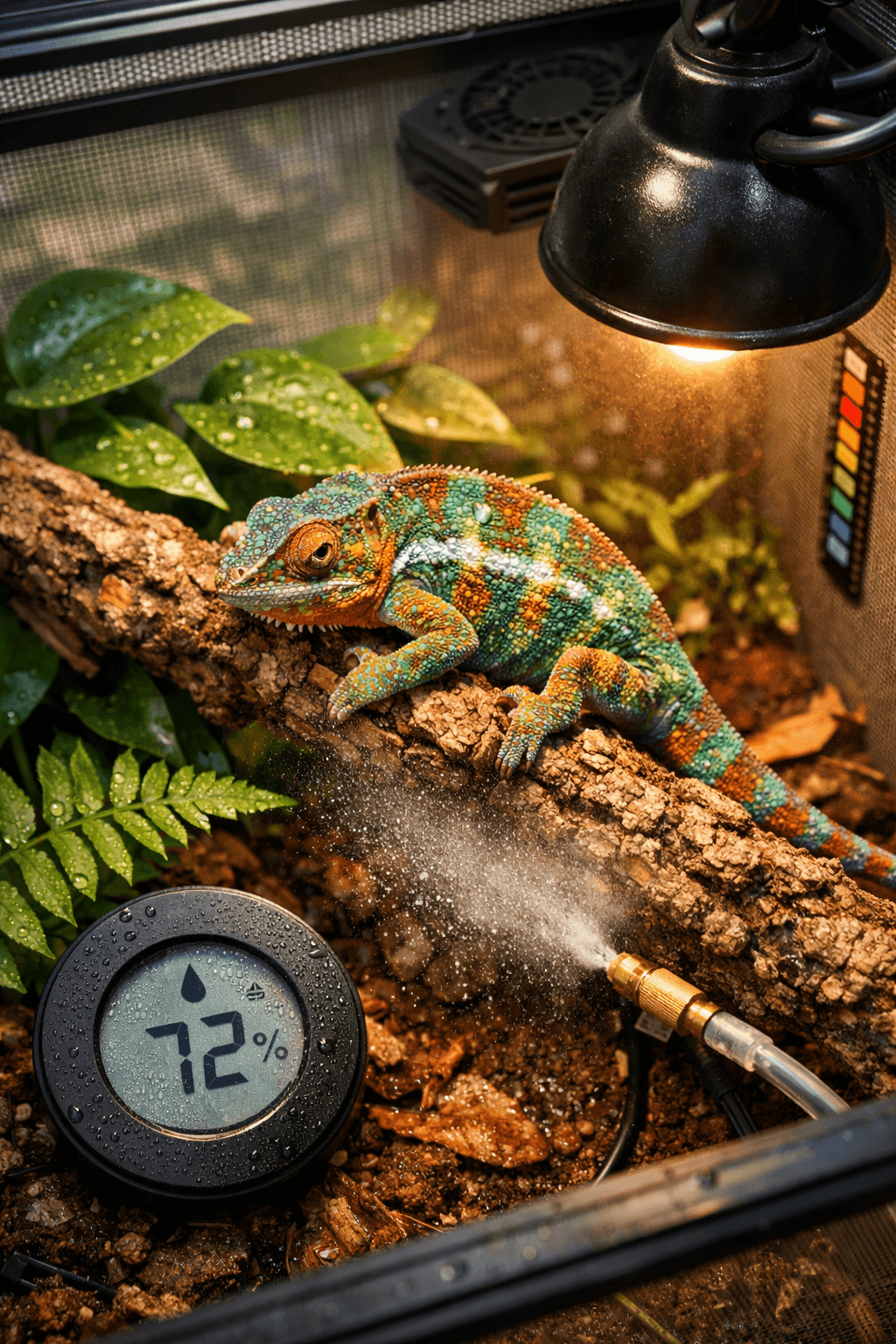 Overhead view of a panther chameleon on a cork branch in a misted enclosure with plants and a hygrometer.