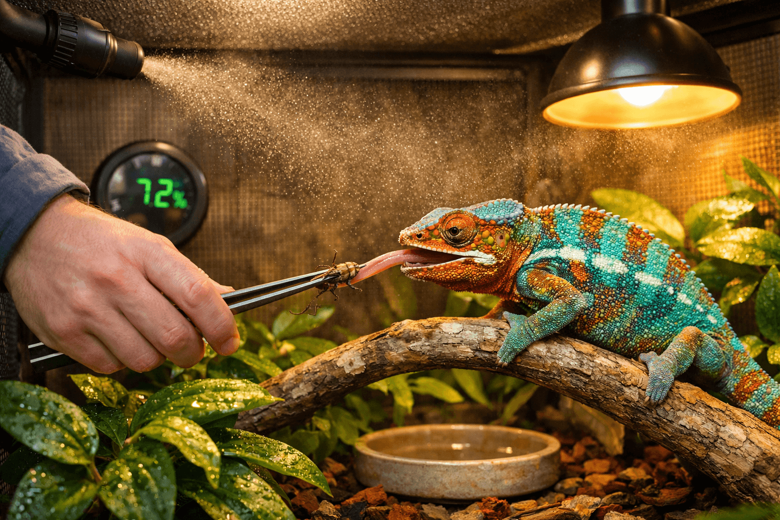 A vibrant panther chameleon clings to a vine, reaching for a cricket, surrounded by lush plants and warm lighting.