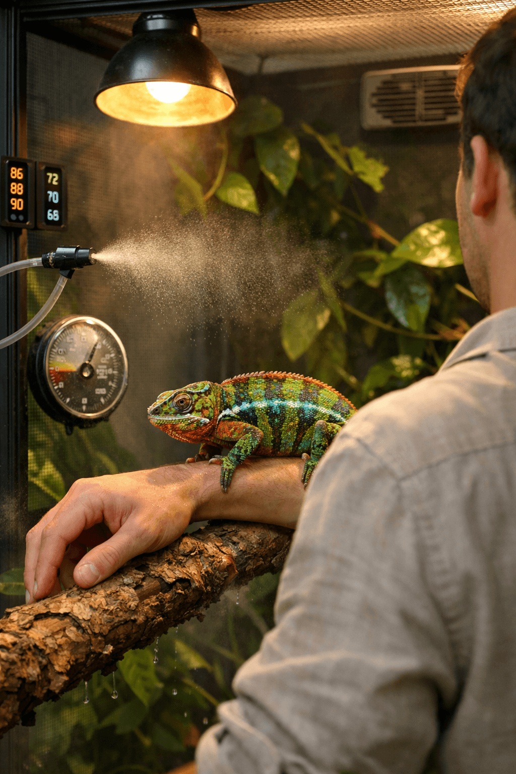 A keeper offers a forearm to a vibrant panther chameleon in a lush enclosure, surrounded by mist and greenery.