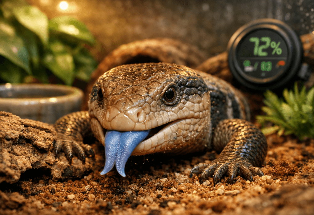 Close-up of a blue tongue skink resting on substrate, showcasing its blue tongue, scales, and terrarium setup details.