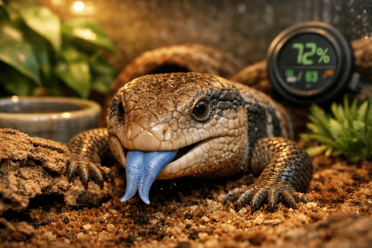 Close-up of a blue tongue skink resting on substrate, showcasing its blue tongue, scales, and terrarium setup details.