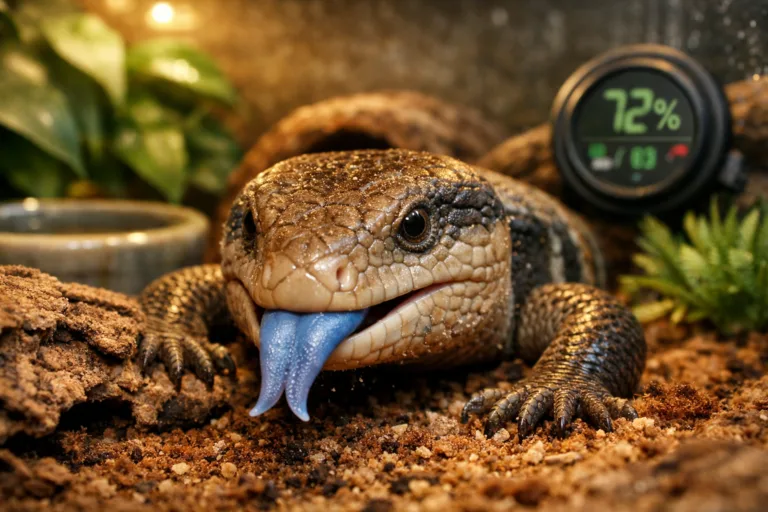 Close-up of a blue tongue skink resting on substrate, showcasing its blue tongue, scales, and terrarium setup details.