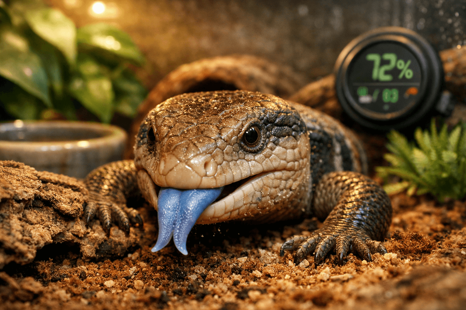 Close-up of a blue tongue skink resting on substrate, showcasing its blue tongue, scales, and terrarium setup details.