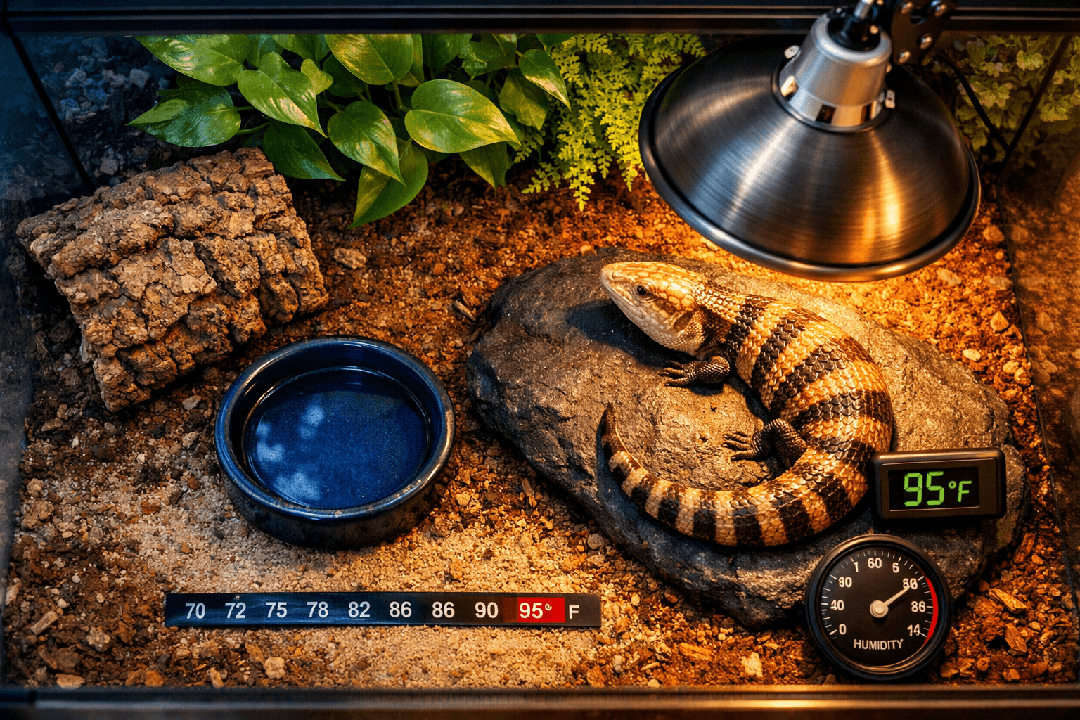 Overhead view of a glass terrarium with a blue tongue skink basking on basalt rock under warm lamp light.