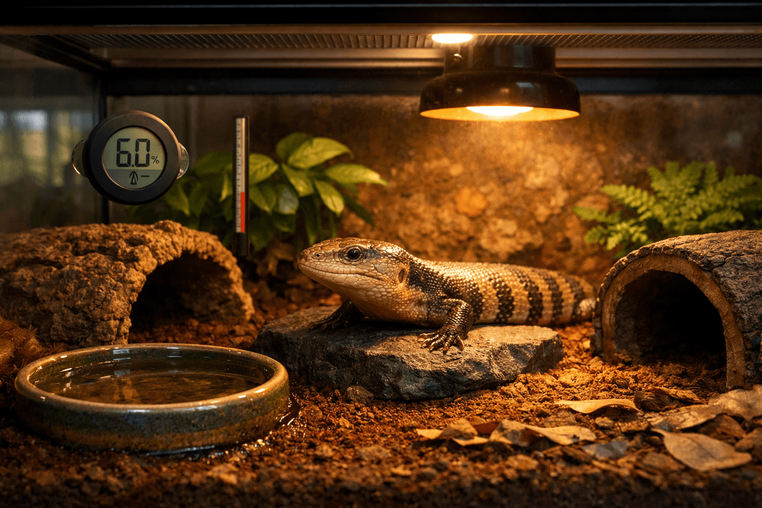 A blue tongue skink basks on a rock in a warm terrarium with plants, water dish, and ventilation features visible.