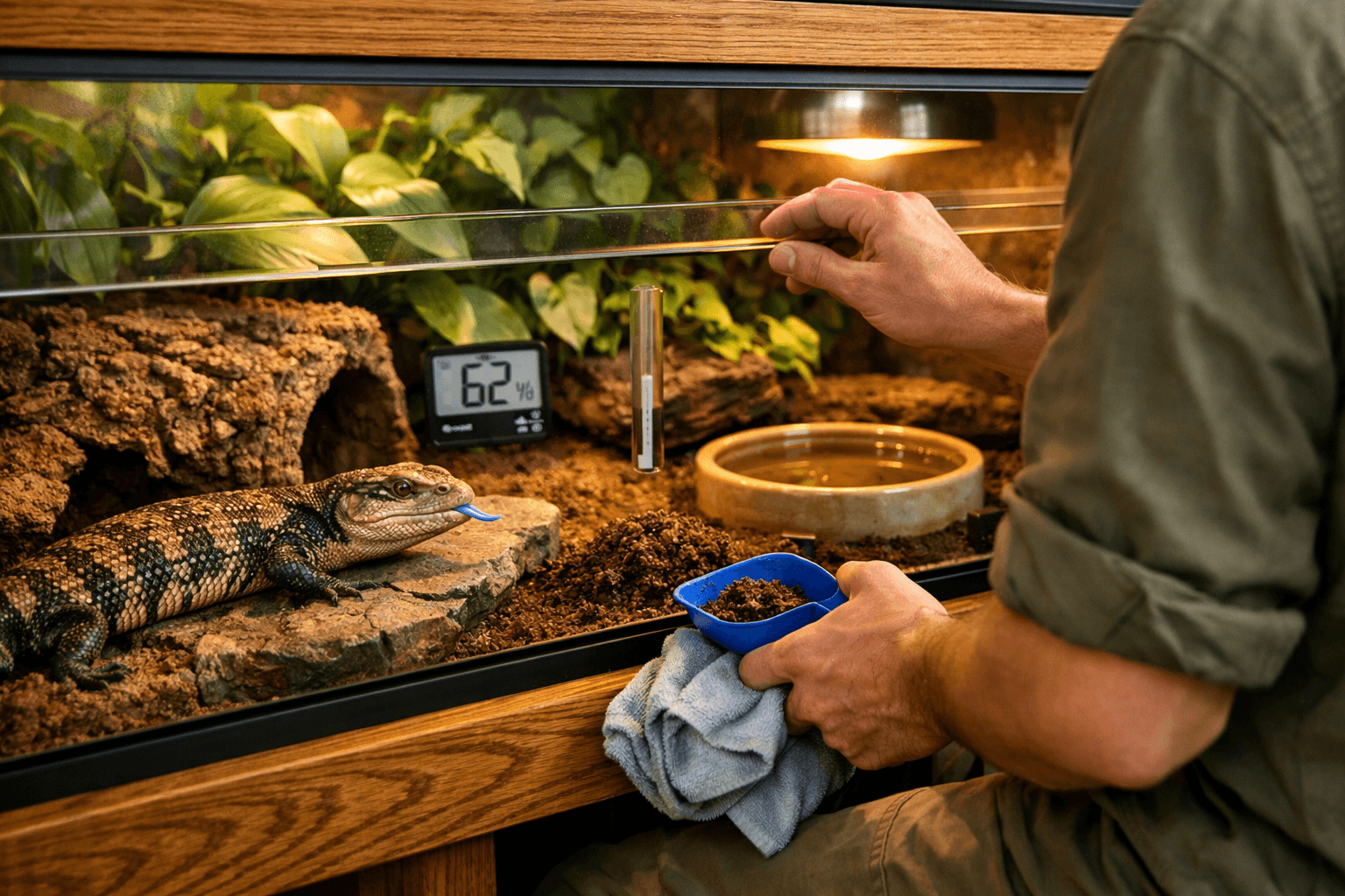 A keeper maintains a terrarium, revealing a basking blue tongue skink on a stone ledge amid lush plants and warm light.