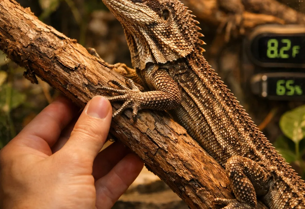 Close-up of an umbrella lizard in a terrarium, with a hand adjusting a branch amid lush greenery and warm light.