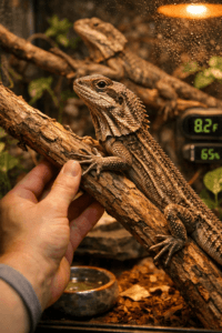 Close-up of an umbrella lizard in a terrarium, with a hand adjusting a branch amid lush greenery and warm light.