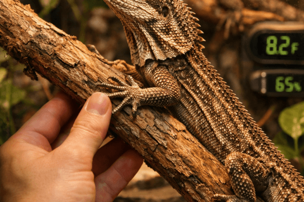 Close-up of an umbrella lizard in a terrarium, with a hand adjusting a branch amid lush greenery and warm light.