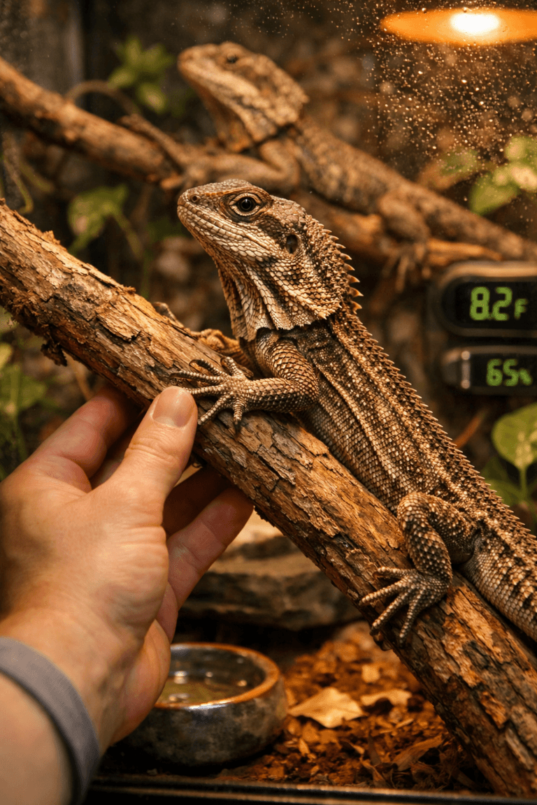 Close-up of an umbrella lizard in a terrarium, with a hand adjusting a branch amid lush greenery and warm light.
