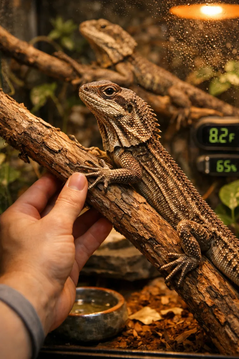 Close-up of an umbrella lizard in a terrarium, with a hand adjusting a branch amid lush greenery and warm light.