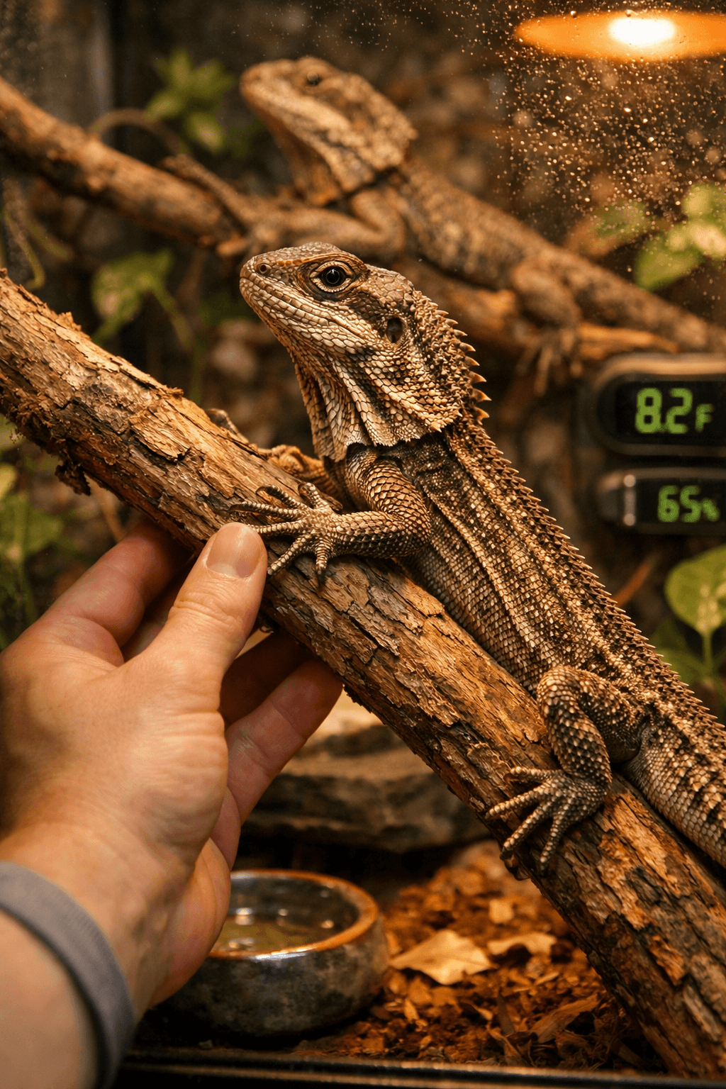 Umbrella Lizard: Crafting a Safe and Stimulating Habitat 2 Close-up of an umbrella lizard in a terrarium, with a hand adjusting a branch amid lush greenery and warm light.