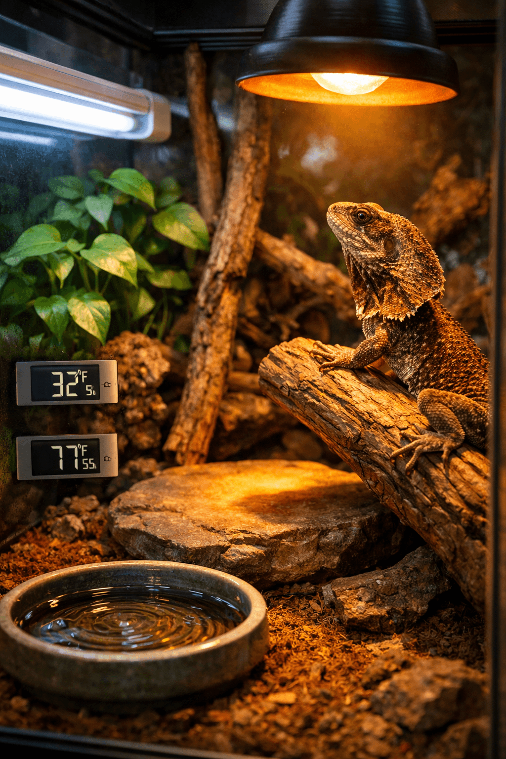 Top-down view of a terrarium with an umbrella lizard basking on a rock under warm light, surrounded by plants and branches.
