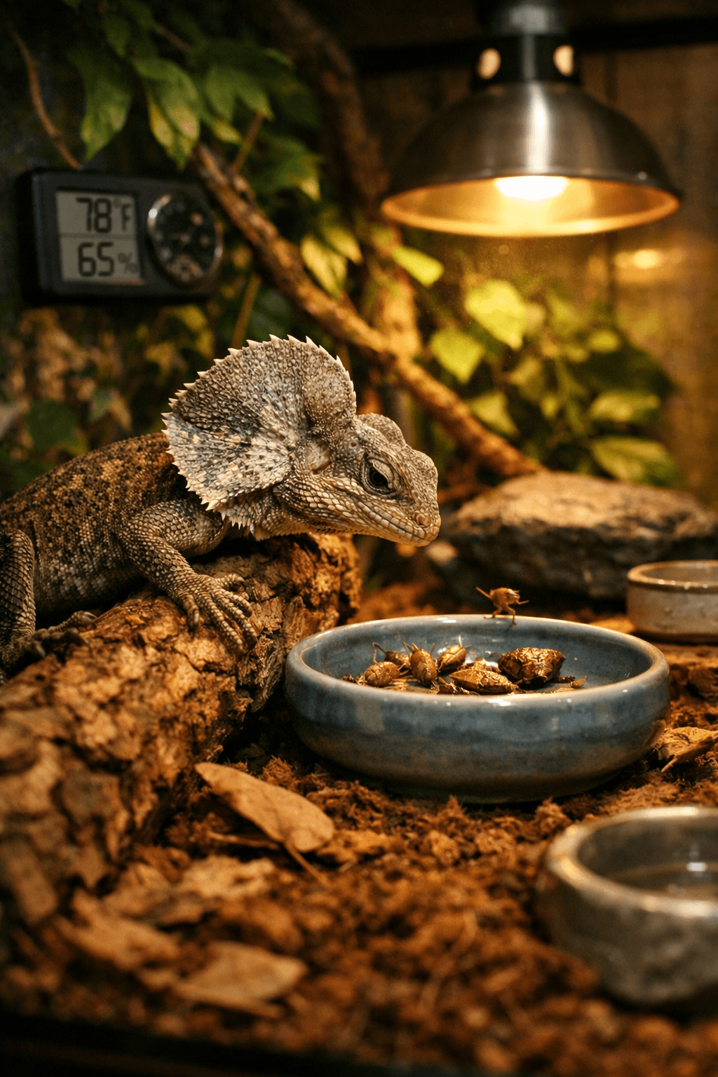 A warm terrarium scene featuring an umbrella lizard perched on a cork branch, reaching for crickets in a dish.