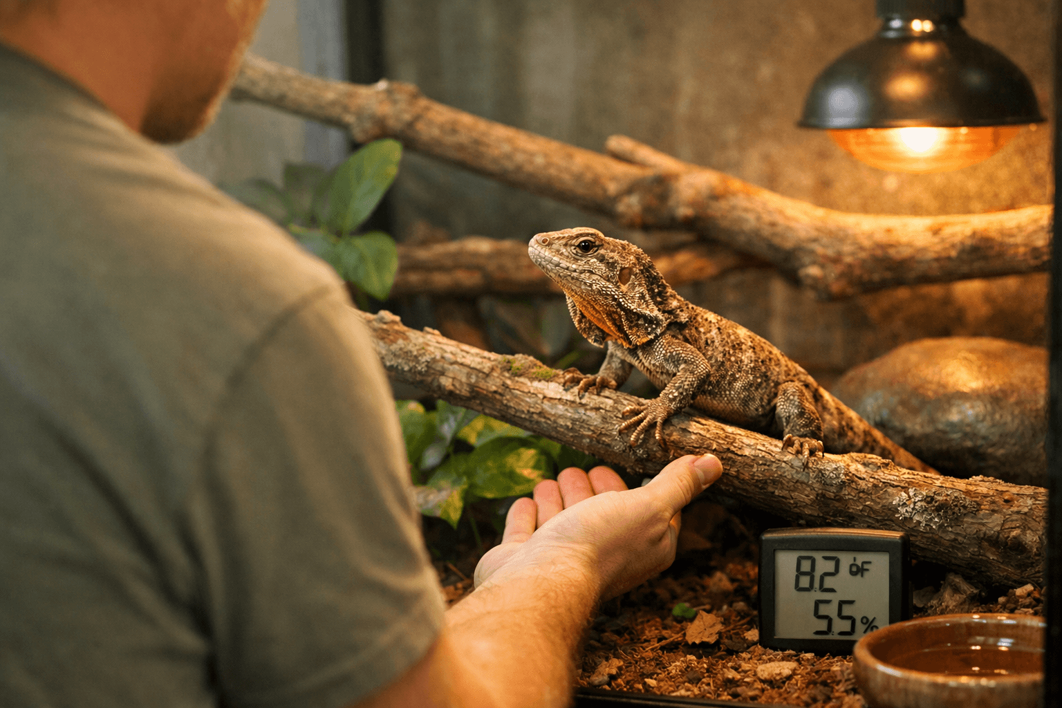 A keeper extends a hand into a terrarium, inviting an umbrella lizard to step onto it amid lush foliage and warm light.