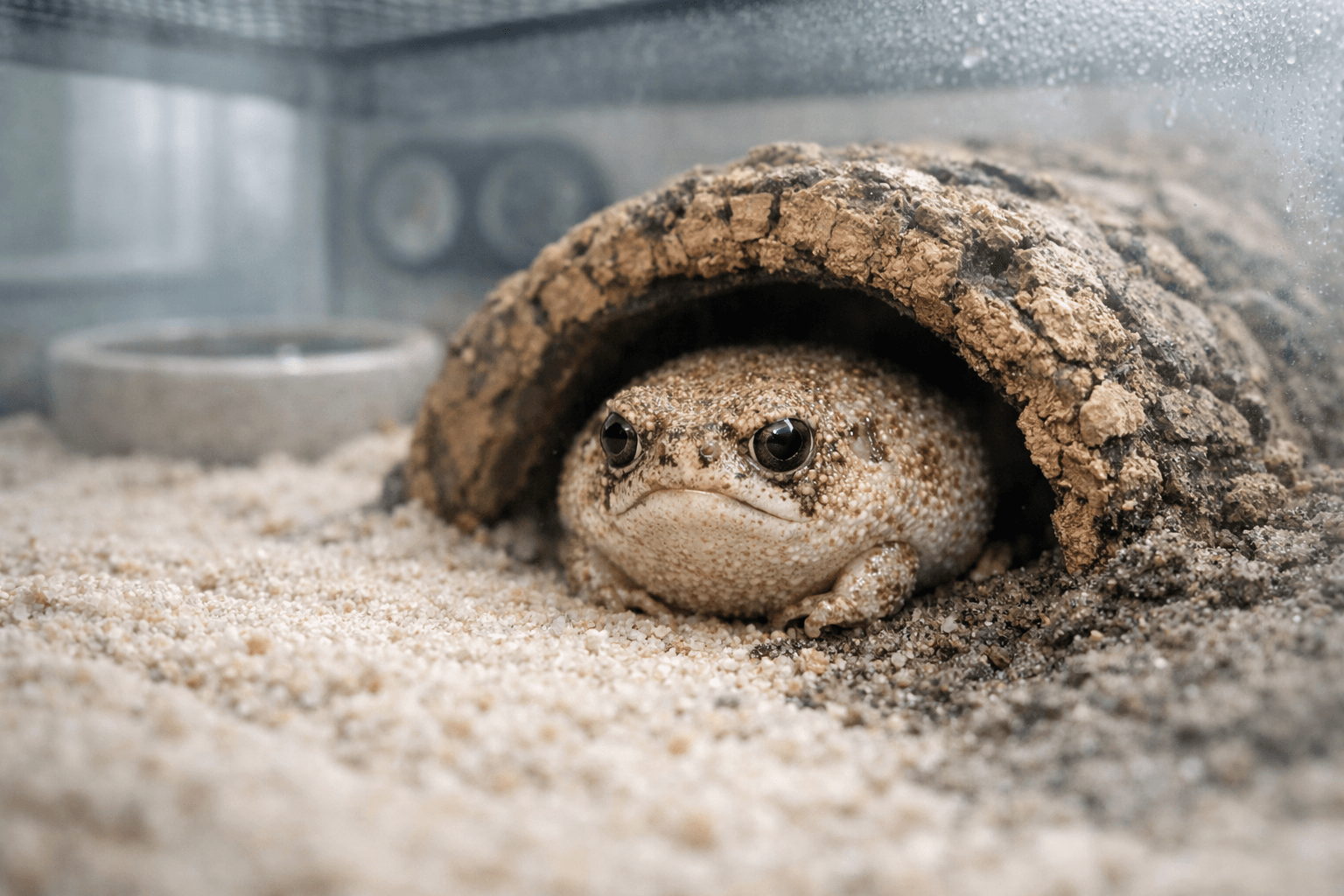 Desert rain frog resting at a cork hide in a cool, misty sandy terrarium with a shallow water dish.