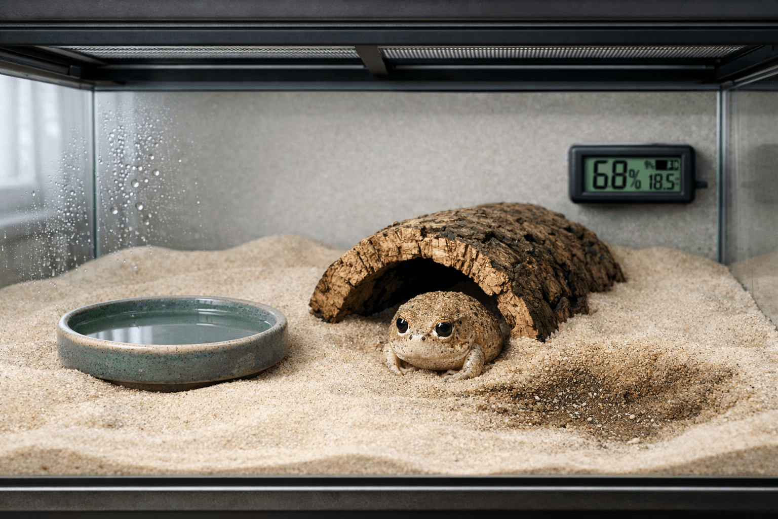 Desert rain frog in a glass terrarium with dry sand, damp burrowing zone, water dish, cork hide, gauges, and misted glass