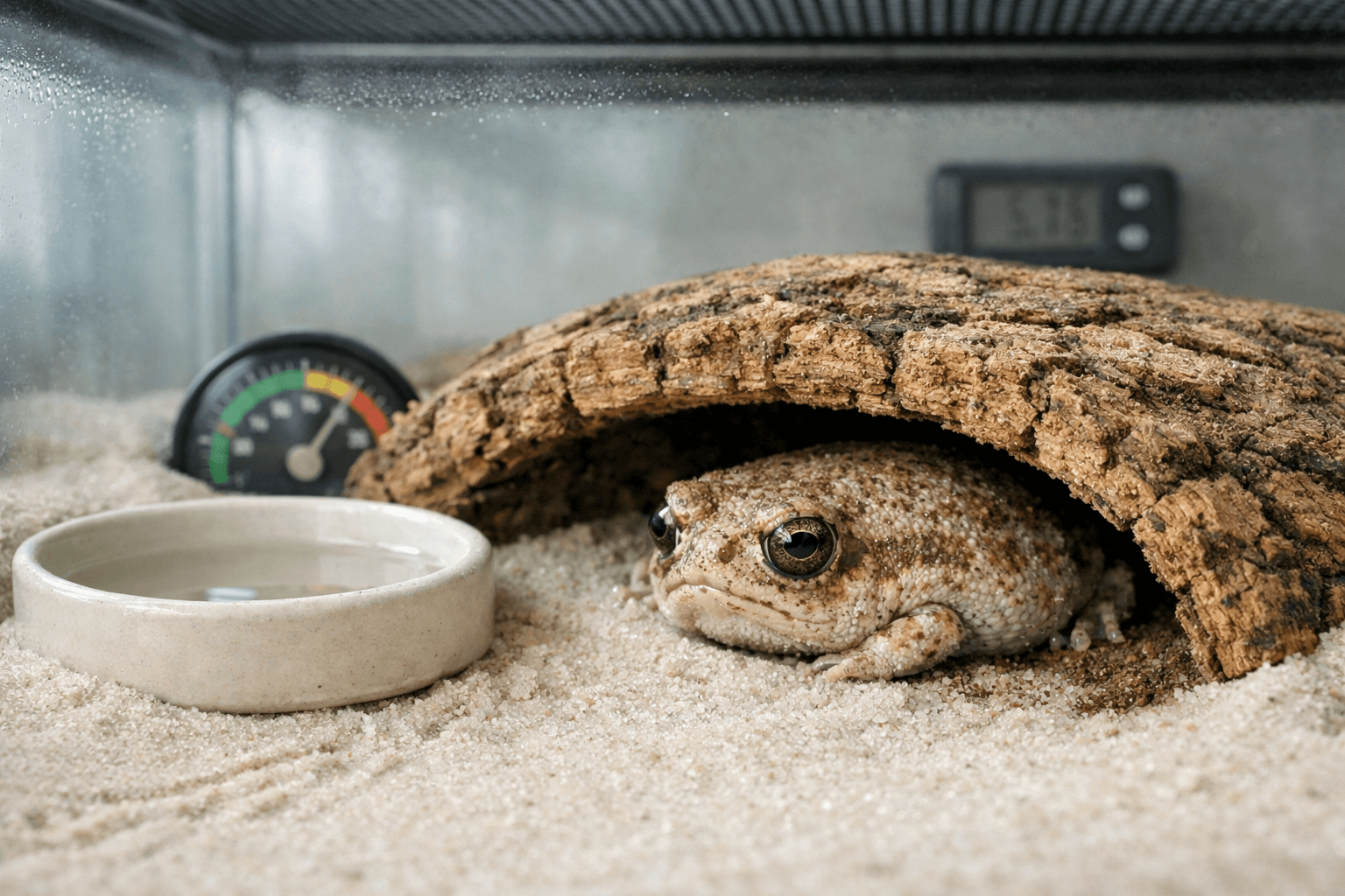 Desert rain frog resting withdrawn beneath a cork hide in a cool, monitored terrarium with sand tracks and gauges.