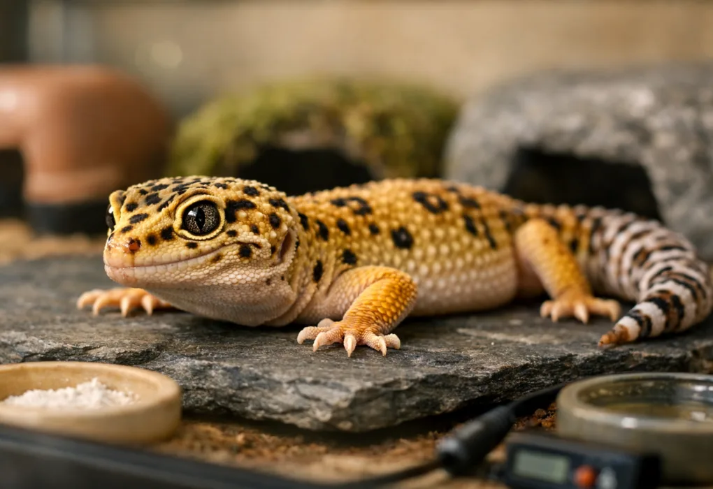 Alert leopard gecko resting on slate in a naturalistic terrarium, illustrating the life expectancy of leopard gecko care.