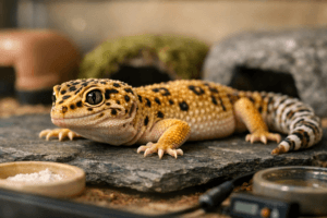 Alert leopard gecko resting on slate in a naturalistic terrarium, illustrating the life expectancy of leopard gecko care.