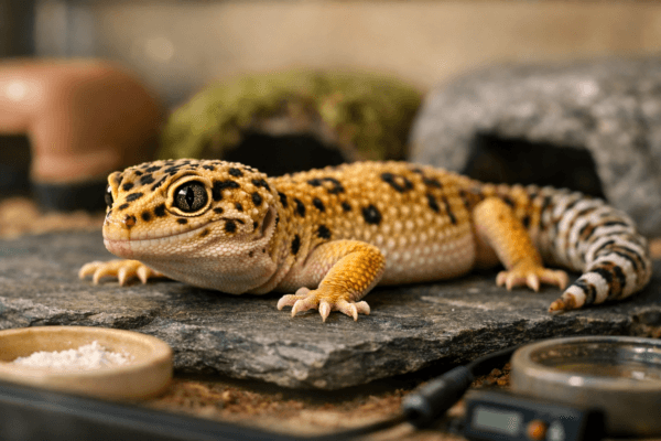 Alert leopard gecko resting on slate in a naturalistic terrarium, illustrating the life expectancy of leopard gecko care.