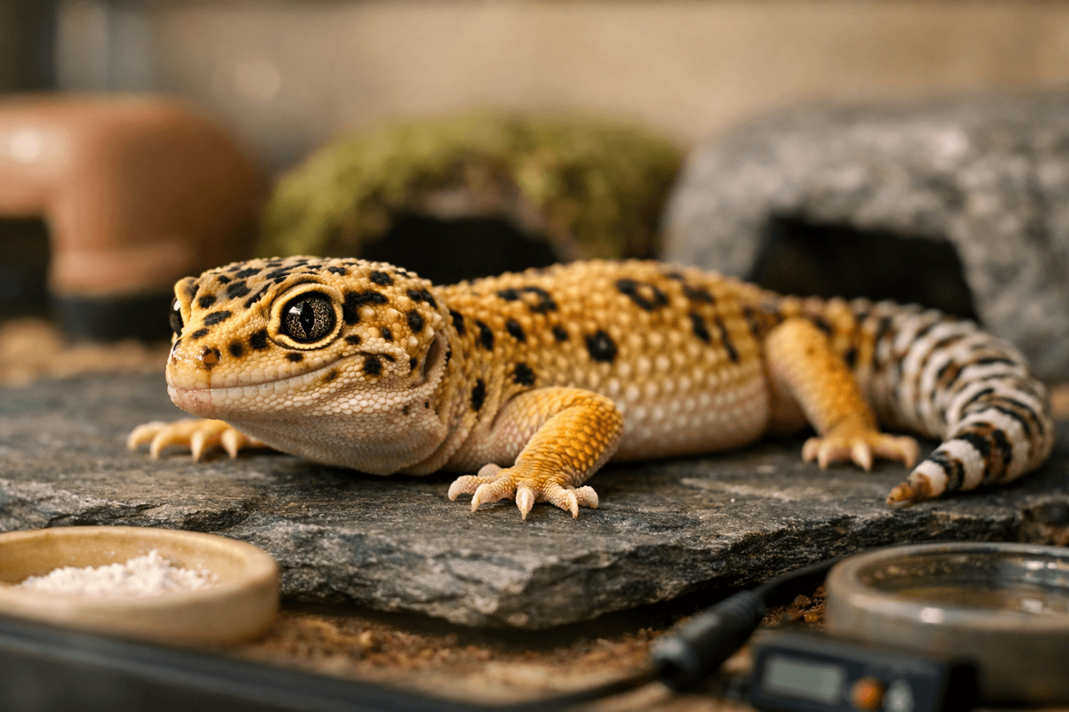 Alert leopard gecko resting on slate in a naturalistic terrarium, illustrating the life expectancy of leopard gecko care.
