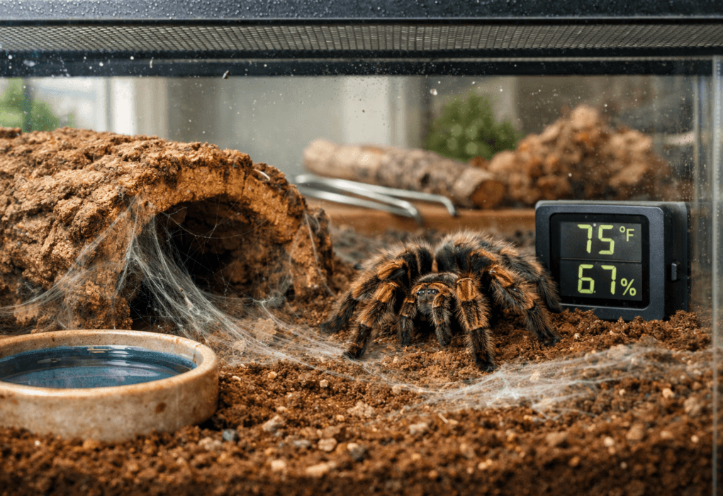Macro view of a live tarantula beside a cork hide in one of several naturalistic tarantula enclosures.