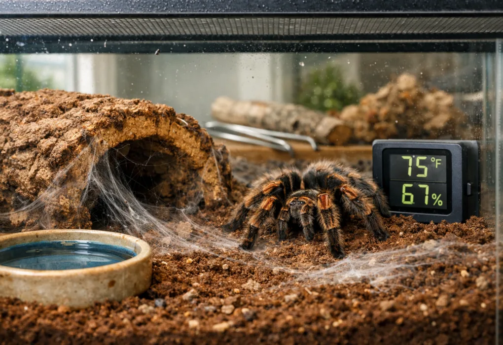 Macro view of a live tarantula beside a cork hide in one of several naturalistic tarantula enclosures.