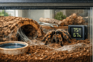 Macro view of a live tarantula beside a cork hide in one of several naturalistic tarantula enclosures.