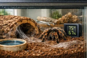 Macro view of a live tarantula beside a cork hide in one of several naturalistic tarantula enclosures.