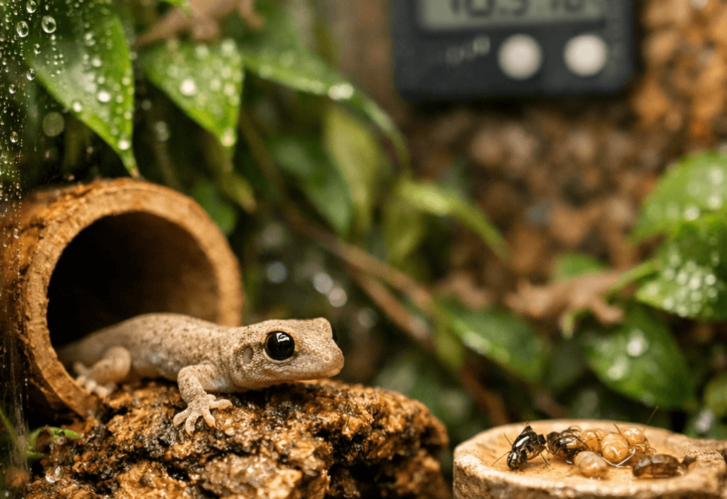 Mourning geckos in a lush bioactive terrarium, with one resting on damp cork bark beside bamboo and tropical foliage.