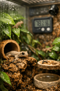 Mourning geckos in a lush bioactive terrarium, with one resting on damp cork bark beside bamboo and tropical foliage.