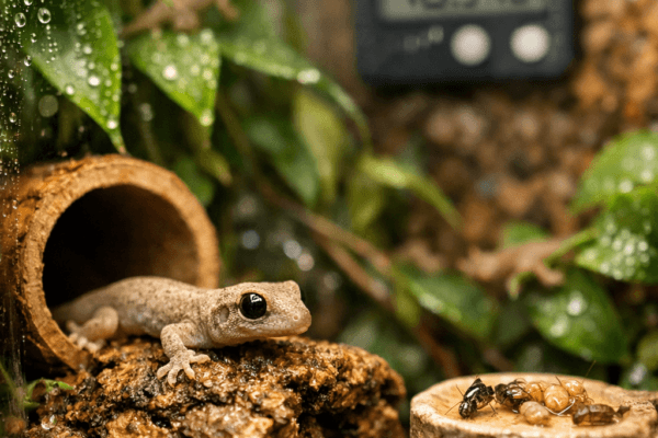 Mourning geckos in a lush bioactive terrarium, with one resting on damp cork bark beside bamboo and tropical foliage.