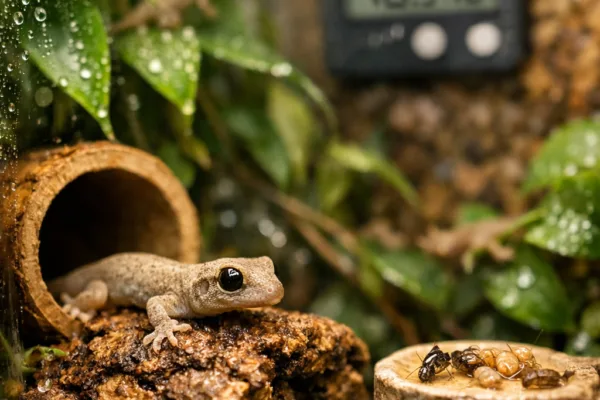 Mourning geckos in a lush bioactive terrarium, with one resting on damp cork bark beside bamboo and tropical foliage.