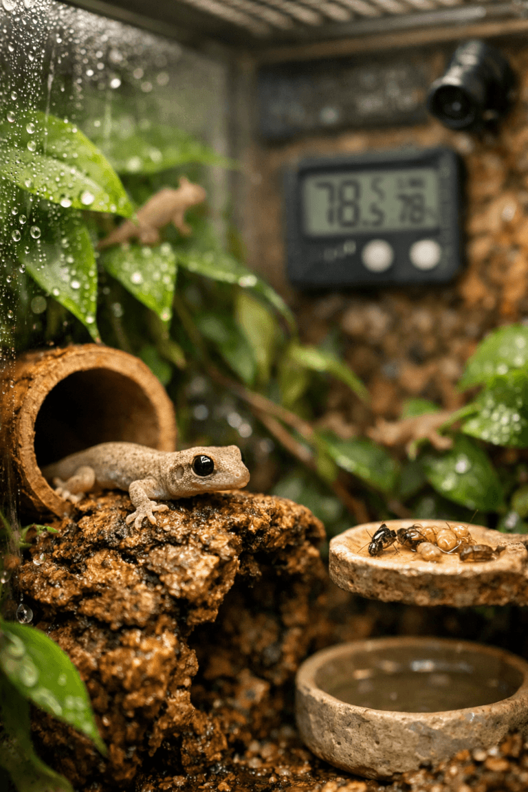 Mourning geckos in a lush bioactive terrarium, with one resting on damp cork bark beside bamboo and tropical foliage.