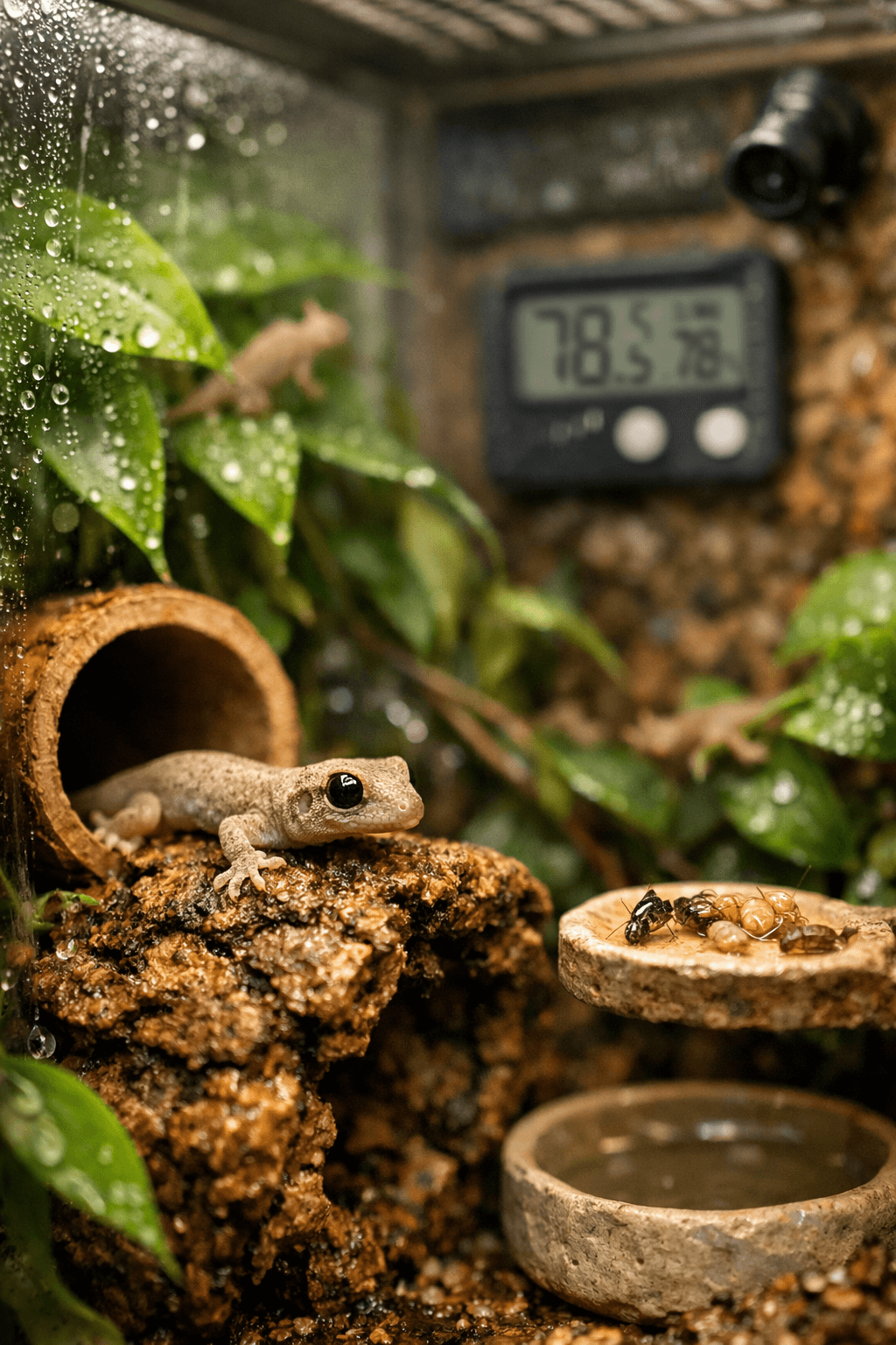 Mourning Geckos: Designing a Custom Habitat for Comfort 2 Mourning geckos in a lush bioactive terrarium, with one resting on damp cork bark beside bamboo and tropical foliage.