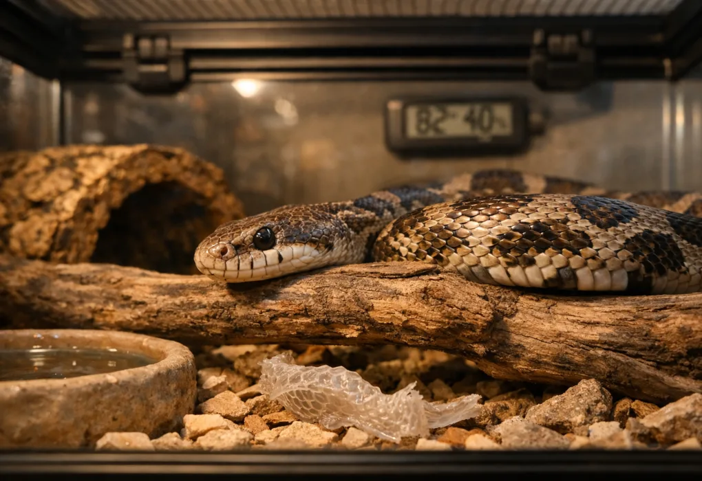 Texas rat snake resting on a weathered branch in a secure terrarium with dry rocks, cork bark, water dish, and warm light
