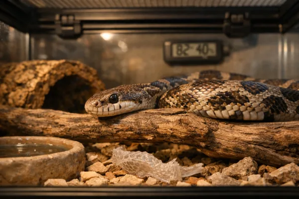 Texas rat snake resting on a weathered branch in a secure terrarium with dry rocks, cork bark, water dish, and warm light
