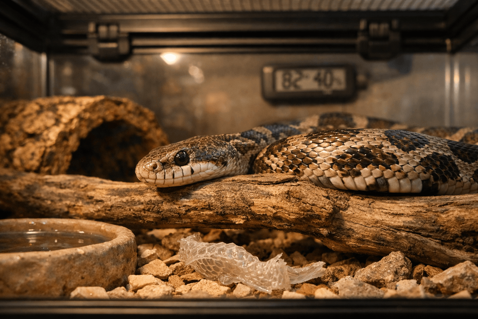Texas rat snake resting on a weathered branch in a secure terrarium with dry rocks, cork bark, water dish, and warm light