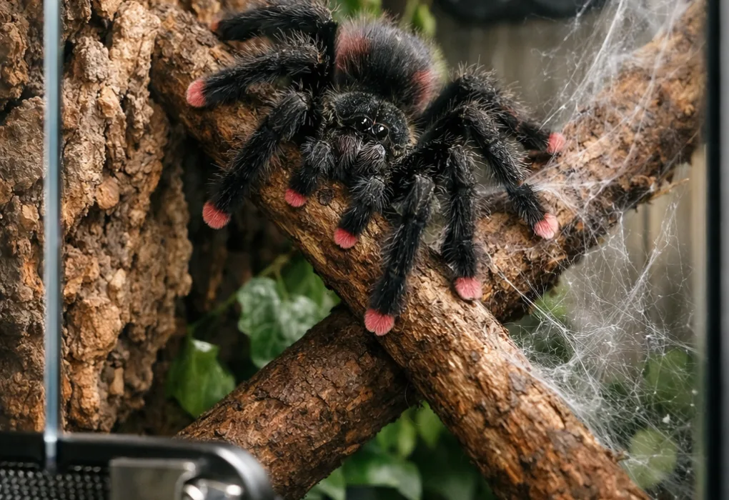 Close-up pink toed tarantula perched on a branch amid cork bark, webs, foliage, and a secure terrarium latch.